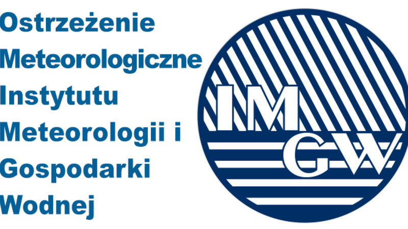 Na zdjęciu znajduje się logo Instytutu Meteorologii i Gospodarki Wodnej oraz napis, że artykuł dotyczy ostrzeżenia przed niebezpiecznym zjawiskiem pogodowym.